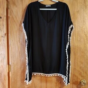 Adreamly Womens Slip-On Swim Coverup Black White Pom-Poms Crochet Detail Sheer M